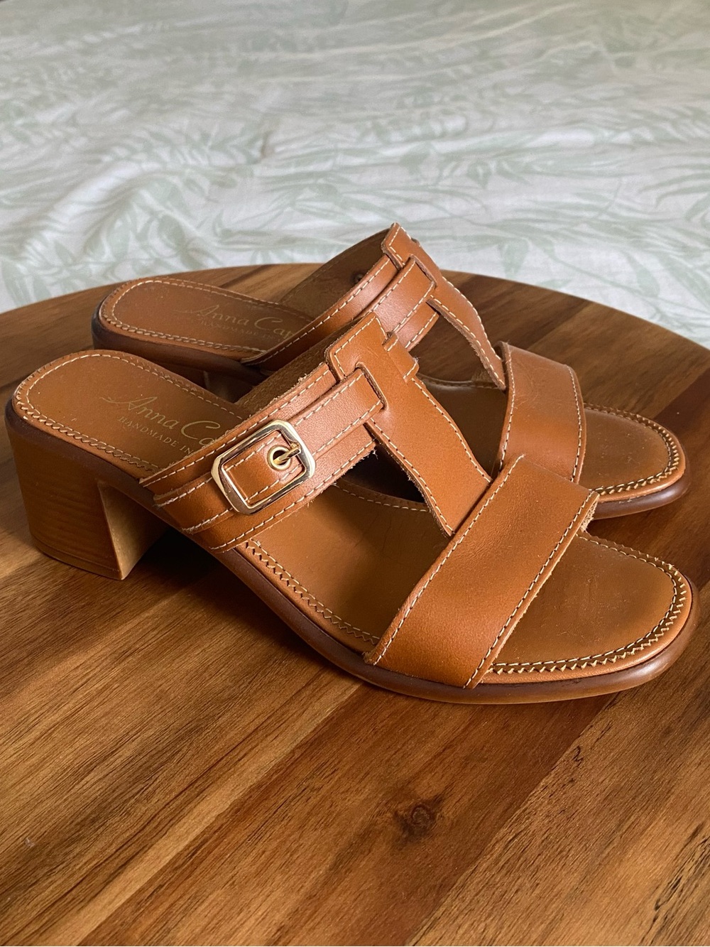 Anna Capri Tan Cognac Block Heel Slide Sandals
